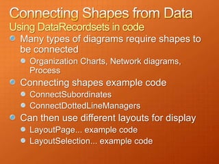 Using DataRecordsets in code
  Many types of diagrams require shapes to
  be connected
    Organization Charts, Network diagrams,
    Process
  Connecting shapes example code
    ConnectSubordinates
    ConnectDottedLineManagers
  Can then use different layouts for display
    LayoutPage... example code
    LayoutSelection... example code
 