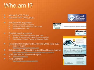 Microsoft MVP (Visio)
Microsoft MCP (Visio, SQL)

Pre-Microsoft acquisition
    Visio Business Partner, 1996-8
    Speaker at Visio Conferences 1997 &1998
    Started bVisual in 1998


Post-Microsoft acquisition
    Microsoft Visio Solution Provider since 1999
    Speaker at Microsoft Office Visio Conferences 2006
    Visio Solution Provider Training for Microsoft EMEA


Visualizing Information with Microsoft Office Visio 2007
    McGraw-Hill, 2007
•   http://www.visualizinginformation.com
DataLegends – Visio add-in to add Data Graphic legends
•   http://www.visiotoolbox.com/productdetail.aspx?productid=9
WBS Modeler for Visio and Project
    www.wbsmodeler.com
Visio Examples
•   http://www.bvisual.net/examples.htm
 