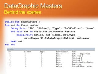 Behind the scenes
Public Sub EnumMasters()
Dim mst As Visio.Master
    Debug.Print "ID", "Hidden", "Type", "IsDGCallout", "Name"
    For Each mst In Visio.ActiveDocument.Masters
        Debug.Print mst.ID, mst.Hidden, mst.Type, _
             mst.Shapes(1).IsDataGraphicCallout, mst.name
    Next mst
End Sub
 