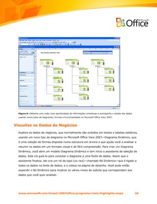 Figura 6: Obtenha uma visão mais aprofundada de informações complexas e acompanhe o estado dos dados
  usando novos tipos de diagramas, formas e funcionalidades no Microsoft Office Visio 2007.



Visualize os Dados de Negócios
  Explore os dados de negócios, que normalmente são exibidos em textos e tabelas estáticos,
  usando um novo tipo de diagrama no Microsoft Office Visio 2007—Diagrama Dinâmico, que
  é uma coleção de formas disposta numa estrutura em árvore e que ajuda você a analisar e
  resumir os dados em um formato visual e de fácil compreensão. Para criar um Diagrama
  Dinâmico, você abre um modelo Diagrama Dinâmico e tem início o assistente de seleção de
  dados. Este irá guiá-lo para conectar o diagrama a uma fonte de dados. Assim que o
  assistente finaliza, ele cria um nó de topo (ou raiz)—chamado Nó Dinâmico—que é ligado a
  todos os dados na fonte de dados, e o coloca na página de desenho. Você pode então
  expandir o Nó Dinâmico para mostrar os vários níveis de subnós que correspondem aos
  dados que você quer analisar.




  www.microsoft.com/brasil/2007office/programs/visio/highlights.mspx                                     24
 
