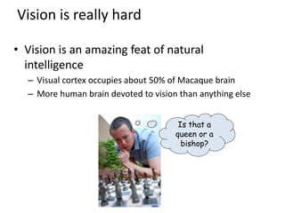 Vision is really hard
• Vision is an amazing feat of natural
intelligence
– Visual cortex occupies about 50% of Macaque brain
– More human brain devoted to vision than anything else
Is that a
queen or a
bishop?
 