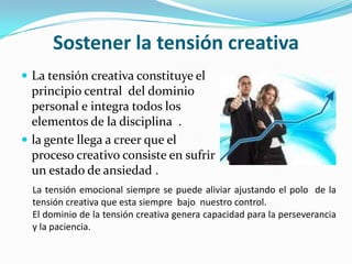 Sostener la tensión creativa La tensión creativa constituye el principio central  del dominio personal e integra todos los elementos de la disciplina  .la gente llega a creer que el proceso creativo consiste en sufrir un estado de ansiedad .La tensión emocional siempre se puede aliviar ajustando el polo  de la tensión creativa que esta siempre  bajo  nuestro control.El dominio de la tensión creativa genera capacidad para la perseverancia y la paciencia.