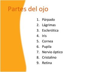 Partes del ojo
         1.   Párpado
         2.   Lágrimas
         3.   Esclerótica
         4.   Iris
         5.   Cornea
         6.   Pupila
         7.   Nervio óptico
         8.   Cristalino
         9.   Retina
 