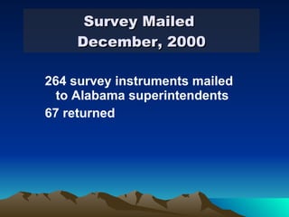 Survey Mailed  December, 2000 264 survey instruments mailed to Alabama superintendents 67 returned 
