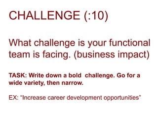 CHALLENGE (:10)
What challenge is your functional
team is facing. (business impact)
TASK: Write down a bold challenge. Go for a
wide variety, then narrow.
EX: “Increase career development opportunities”

 