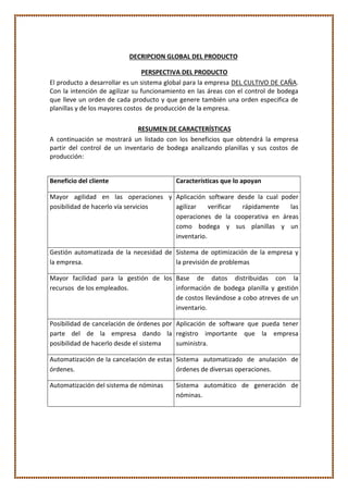 DECRIPCION GLOBAL DEL PRODUCTO
PERSPECTIVA DEL PRODUCTO
El producto a desarrollar es un sistema global para la empresa DEL CULTIVO DE CAÑA.
Con la intención de agilizar su funcionamiento en las áreas con el control de bodega
que lleve un orden de cada producto y que genere también una orden especifica de
planillas y de los mayores costos de producción de la empresa.
RESUMEN DE CARACTERÍSTICAS
A continuación se mostrará un listado con los beneficios que obtendrá la empresa
partir del control de un inventario de bodega analizando planillas y sus costos de
producción:
Beneficio del cliente Características que lo apoyan
Mayor agilidad en las operaciones y
posibilidad de hacerlo vía servicios
Aplicación software desde la cual poder
agilizar verificar rápidamente las
operaciones de la cooperativa en áreas
como bodega y sus planillas y un
inventario.
Gestión automatizada de la necesidad de
la empresa.
Sistema de optimización de la empresa y
la previsión de problemas
Mayor facilidad para la gestión de los
recursos de los empleados.
Base de datos distribuidas con la
información de bodega planilla y gestión
de costos llevándose a cobo atreves de un
inventario.
Posibilidad de cancelación de órdenes por
parte del de la empresa dando la
posibilidad de hacerlo desde el sistema
Aplicación de software que pueda tener
registro importante que la empresa
suministra.
Automatización de la cancelación de estas
órdenes.
Sistema automatizado de anulación de
órdenes de diversas operaciones.
Automatización del sistema de nóminas Sistema automático de generación de
nóminas.
 