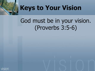 Keys to Your Vision
God must be in your vision.
(Proverbs 3:5-6)