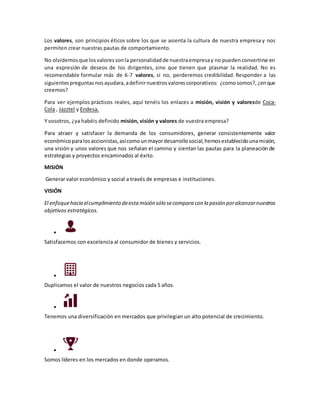 Los valores, son principios éticos sobre los que se asienta la cultura de nuestra empresa y nos
permiten crear nuestras pautas de comportamiento.
No olvidemosque losvaloressonla personalidadde nuestraempresay no puedenconvertirse en
una expresión de deseos de los dirigentes, sino que tienen que plasmar la realidad. No es
recomendable formular más de 6-7 valores, si no, perderemos credibilidad. Responder a las
siguientespreguntasnosayudara,adefinirnuestrosvalorescorporativos: ¿comosomos?, ¿enque
creemos?
Para ver ejemplos prácticos reales, aquí tenéis los enlaces a misión, visión y valoresde Coca-
Cola , Jazztel y Endesa.
Y vosotros, ¿ya habéis definido misión, visión y valores de vuestra empresa?
Para atraer y satisfacer la demanda de los consumidores, generar consistentemente valor
económicoparalosaccionistas,asícomounmayordesarrollosocial,hemosestablecidounamisión,
una visión y unos valores que nos señalan el camino y sientan las pautas para la planeación de
estrategias y proyectos encaminados al éxito.
MISIÓN
Generar valor económico y social a través de empresas e instituciones.
VISIÓN
El enfoquehacia elcumplimiento deesta misión sólo secompara con la pasión poralcanzarnuestros
objetivos estratégicos.

Satisfacemos con excelencia al consumidor de bienes y servicios.

Duplicamos el valor de nuestros negocios cada 5 años.

Tenemos una diversificación en mercados que privilegian un alto potencial de crecimiento.

Somos líderes en los mercados en donde operamos.
 