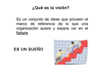 Es un conjunto de ideas que proveen el
marco de referencia de lo que una
organización quiere y espera ver en el
futuro
ES UN SUEÑO
¿Qué es la visión?¿Qué es la visión?
 