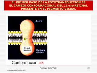 drpabloarias@hotmail.com
Fisiología de la Visión 22
EL PRIMER PASO DE LA FOTOTRANSDUCCION ES
EL CAMBIO CONFORMACIONAL DEL 11-cis-RETINAL
PRESENTE EN EL PIGMENTO VISUAL
 