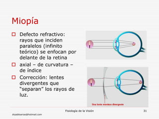 drpabloarias@hotmail.com
Fisiología de la Visión 31
Miopía
 Defecto refractivo:
rayos que inciden
paralelos (infinito
teórico) se enfocan por
delante de la retina
 axial – de curvatura –
de índice
 Corrección: lentes
divergentes que
“separan” los rayos de
luz.
 