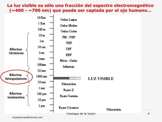 drpabloarias@hotmail.com
Fisiología de la Visión 4
La luz visible es sólo una fracción del espectro electromagnético
(~400 - ~700 nm) que puede ser captada por el ojo humano…
Efectos
ionizantes
Efectos
fotoquímicos
Efectos
térmicos
LUZ VISIBLE
 