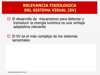drpabloarias@hotmail.com
Fisiología de la Visión 6
 El desarrollo de mecanismos para detectar y
transducir la energía lumínica es una ventaja
adaptativa relevante
 El SV es el más complejo de los sistemas
sensoriales
 El SV aporta al cerebro el 80% de la información
proveniente del medio
 Interviene además en la ritmicidad circadiana, en el
equilibrio y en la generación de reflejos posturales
RELEVANCIA FISIOLOGICA
DEL SISTEMA VISUAL (SV)
 