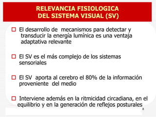 drpabloarias@hotmail.com
Fisiología de la Visión 8
 El desarrollo de mecanismos para detectar y
transducir la energía lumínica es una ventaja
adaptativa relevante
 El SV es el más complejo de los sistemas
sensoriales
 El SV aporta al cerebro el 80% de la información
proveniente del medio
 Interviene además en la ritmicidad circadiana, en el
equilibrio y en la generación de reflejos posturales
RELEVANCIA FISIOLOGICA
DEL SISTEMA VISUAL (SV)
 