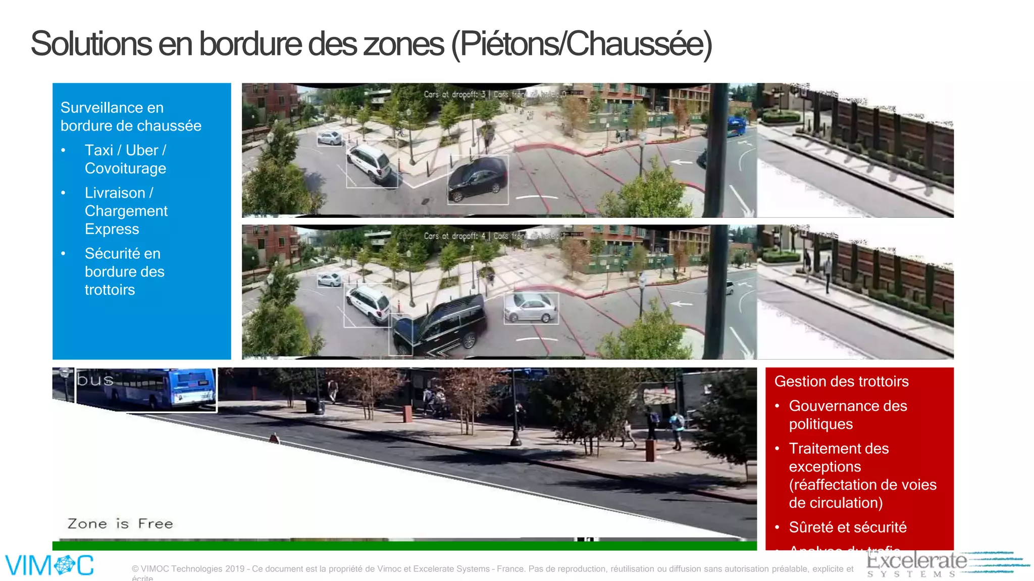 © VIMOC Technologies 2019 – Ce document est la propriété de Vimoc et Excelerate Systems – France. Pas de reproduction, réutilisation ou diffusion sans autorisation préalable, explicite et
Surveillance en
bordure de chaussée
• Taxi / Uber /
Covoiturage
• Livraison /
Chargement
Express
• Sécurité en
bordure des
trottoirs
Gestion des trottoirs
• Gouvernance des
politiques
• Traitement des
exceptions
(réaffectation de voies
de circulation)
• Sûreté et sécurité
• Analyse du trafic
Solutionsenborduredeszones(Piétons/Chaussée)
 