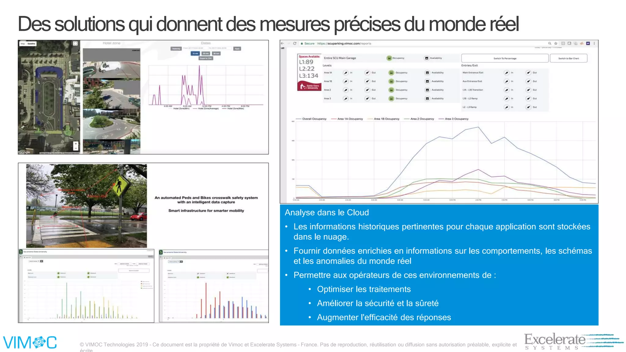 © VIMOC Technologies 2019 – Ce document est la propriété de Vimoc et Excelerate Systems – France. Pas de reproduction, réutilisation ou diffusion sans autorisation préalable, explicite et
Dessolutionsquidonnentdesmesuresprécisesdumonderéel
Analyse dans le Cloud
• Les informations historiques pertinentes pour chaque application sont stockées
dans le nuage.
• Fournir données enrichies en informations sur les comportements, les schémas
et les anomalies du monde réel
• Permettre aux opérateurs de ces environnements de :
• Optimiser les traitements
• Améliorer la sécurité et la sûreté
• Augmenter l'efficacité des réponses
 