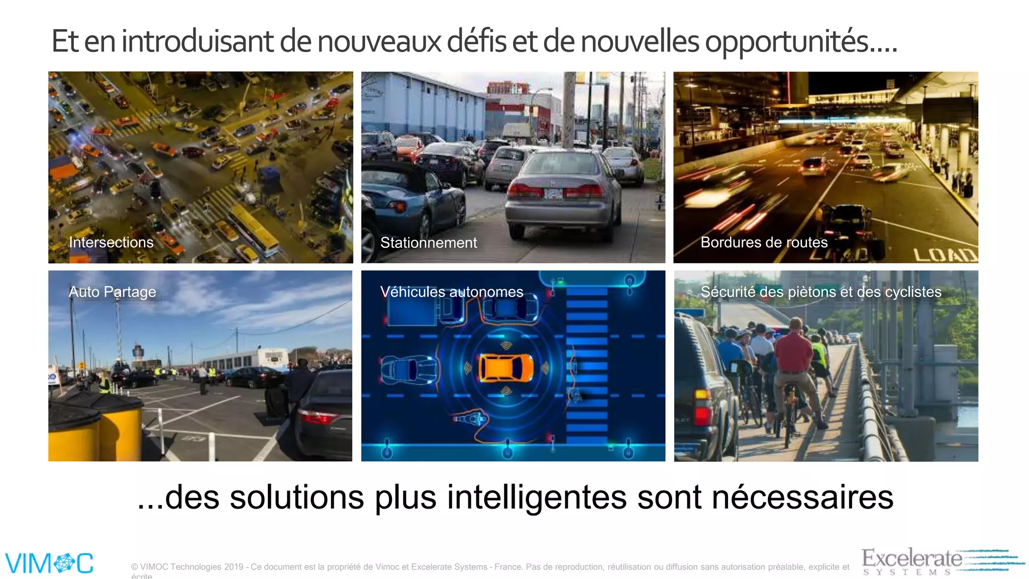 © VIMOC Technologies 2019 – Ce document est la propriété de Vimoc et Excelerate Systems – France. Pas de reproduction, réutilisation ou diffusion sans autorisation préalable, explicite et
Etenintroduisantdenouveauxdéfisetdenouvellesopportunités....
StationnementIntersections
Auto Partage Sécurité des piètons et des cyclistes
Bordures de routes
Véhicules autonomes
...des solutions plus intelligentes sont nécessaires
 