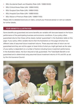 PAGE 7PAGE 6
Entry Age : 35 years Annual Premium* : Rs. 20,954
Gender : Male Premium Paying Term : 15 years
Policy Term : Whole Life to Age 100 Payment Frequency : Yearly
Sum Assured : Rs. 250,000
1 20,954 2,50,000 - 2,50,375 2,60,750 - -
2 41,908 2,50,000 - 2,50,750 2,71,500 - -
3 62,862 2,50,000 - 2,51,125 2,82,250 - -
4 83,816 2,50,000 - 2,51,500 2,93,000 - -
5 1,04,770 2,50,000 - 2,51,875 3,03,750 - -
6 1,25,724 2,50,000 - 2,52,250 3,14,500 - -
7 1,46,678 2,50,000 - 2,52,625 3,25,250 - -
8 1,67,632 2,50,000 - 2,53,000 3,36,000 - -
9 1,88,586 2,50,000 - 2,53,375 3,46,750 - -
10 2,09,540 2,50,000 - 2,53,750 3,57,500 - -
15 3,14,310 3,30,032 - 3,35,657 4,91,282 5,625 1,61,250
16 to 64 3,14,310 3,30,032 12,500 3,30,407 3,40,782 12,875 23,250
65 3,14,310 3,30,032 342,532 3,30,407 3,40,782 3,42,907 3,53,282
*The premium is exclusive of Service Tax and Education Cess and any other applicable taxes. All applicable taxes will be
additionally included to your premium and levied as per extant tax laws.
Please ask your financial advisor or visit our website to determine the premium rate applicable
for your policy. You may choose to pay your premium annually, semi-annually, quarterly or
monthly as per your convenience. For annual and semi-annual payments, we give a premium
rebate of 3.0% and 1.5% respectively. However, if you choose ECS as your payment method,
we will give a premium rebate of 3.0% irrespective of your pay frequency.
For higher Sum Assured, we also offer a premium rebate as follows:
Premium Rebate per 1000 SA nil 2.50 3.50
Policy Premiums Guaranteed Total
Death Survival Death Benefit Survival Benefit
End to Date Benefit Benefit at 4% p.a. at 8% p.a. at 4% p.a. at 8% p.a.
Paying Premiums
Sum Assured Rebate
Sum Assured Band Band 1 Band 2 Band 3
Year Paid
YOUR OPTIONS
•
•
•
•
•
BSLI Accidental Death and Disability Rider (UIN: 109B018V02)
BSLI Critical Illness Rider (UIN: 109B019V02)
BSLI Surgical Care Rider (UIN: 109B015V02)
BSLI Hospital Care Rider (UIN: 109B016V02)
BSLI Waiver of Premium Rider (UIN: 109B017V02)
Please refer to detailed brochures on riders, consult your financial advisor or visit our website
for further details.
Some benefits are guaranteed and some benefits are variable with bonuses based on the future
performance of the participating business and economic conditions. If your policy offers
guaranteed returns then these will be clearly marked ‘guaranteed’ in the illustration table on this
page. If your policy offers variable returns then the illustrations on this page will show two
different rates of assumed future investment returns. These assumed rates of return are not
guaranteed and they are not the upper or lower limits of what you might get back as the value
of your policy is dependent on a number of factors including future investment performance.
In the illustration below, the Sum Assured is fully guaranteed. The Total Death Benefit is not
guaranteed and is determined using assumed future investment returns of 4% and 8% as set
by the Life Insurance Council.
YOUR BENEFITS ILLUSTRATION
All amount in `
 
