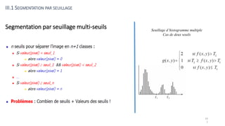 Segmentation par seuillage multi-seuils
III.1 SEGMENTATION PAR SEUILLAGE
Seuillage d’histogramme multiple
Cas de deux seuils
10
1
 