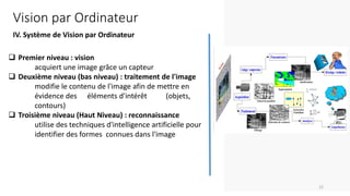 Vision par Ordinateur
IV. Système de Vision par Ordinateur
❑ Premier niveau : vision
acquiert une image grâce un capteur
❑ Deuxième niveau (bas niveau) : traitement de l'image
modifie le contenu de l'image afin de mettre en
évidence des éléments d'intérêt (objets,
contours)
❑ Troisième niveau (Haut Niveau) : reconnaissance
utilise des techniques d'intelligence artificielle pour
identifier des formes connues dans l'image
12
 
