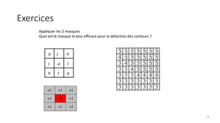 Exercices
Appliquer les 2 masques
Quel est le masque le plus efficace pour la détection des contours ?
58
 