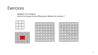 Exercices
Appliquer les 2 masques
Quel est le masque le plus efficace pour détecter les contours ?
60
 