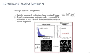 Seuillage global de l’histogramme:
1. Calculer la norme du gradient en chaque point de l’image:
2. Fixer le pourcentage de contours à garder ( exemple 80%)
3. Déterminer le seuil S à partir de l’histogramme cumulé du
module du gradient
II.2 SEUILLAGE DU GRADIENT (MÉTHODE 2)
72
 