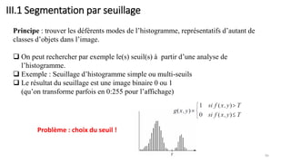 Principe : trouver les déférents modes de l’histogramme, représentatifs d’autant de
classes d’objets dans l’image.
❑ On peut rechercher par exemple le(s) seuil(s) à partir d’une analyse de
l’histogramme.
❑ Exemple : Seuillage d’histogramme simple ou multi-seuils
❑ Le résultat du seuillage est une image binaire 0 ou 1
(qu’on transforme parfois en 0:255 pour l’affichage)
III.1 Segmentation par seuillage
95
Problème : choix du seuil !
 