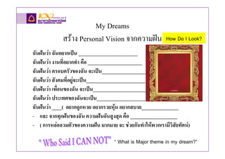 My Dreams
             สราง Personal Vision จากความฝน              How Do I Look?
ฉันฝนวา ฉันอยากเปน ________________________
ฉันฝนวา งานที่อยากทํา คือ ______________________
ฉันฝนวา ครอบครัวของฉัน จะเปน__________________
ฉันฝนวา สังคมที่อยูจะเปน________________________
ฉันฝนวา เพื่อนของฉัน จะเปน_______________________
ฉันฝนวา ประเทศของฉันจะเปน______________________
ฉันฝนวา ____( อยากถูกหวย อยากรวยหุน อยากสบาย_______________
- และ จากทุกฝนของฉัน ความฝนอันสูงสุด คือ ___________________
- ( การหลอลวมตัวของความฝน มากมาย จะ ชวยกันทําใหพวกเรามีวิสัยทัศน)

                                    “ What is Major theme in my dream?”
 