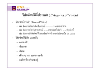 วิสัยทัศนมีกี่ประเภท ( Categories of Vision)
• วิสัยทัศนสวนตัว ( Personal Vision)
    – เชน ฉันอยากเห็นตัวฉันเปนแบบนี้ ………….รวย ตอน หาสิบ
    – เชน ฉันอยากเห็นฉันสวยแบบนี้ ……..เพราะฉะนั้นฉันจึง ……ทําอยางนี้
    – เชน ฉันอยากมีวิสยทัศน ก็เลยมาเรียนวิชานี้ คาดหวังวา จะเปน Dr. Vision
                       ั
• วิสัยทัศนที่มีตอ บุคคลอื่น
   – ครอบครัว
   – ประเทศ
   – สังคม
   – เพื่อนๆ และ บุคคลรอบตัว
   – องคกรที่เราทํางานอยู
 