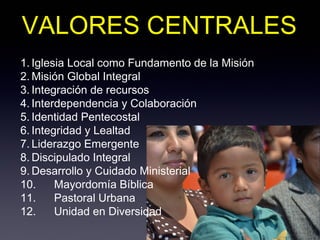 VALORES CENTRALES
1. Iglesia Local como Fundamento de la Misión
2. Misión Global Integral
3. Integración de recursos
4. Interdependencia y Colaboración
5. Identidad Pentecostal
6. Integridad y Lealtad
7. Liderazgo Emergente
8. Discipulado Integral
9. Desarrollo y Cuidado Ministerial
10.     Mayordomía Bíblica
11.     Pastoral Urbana
12.     Unidad en Diversidad
 