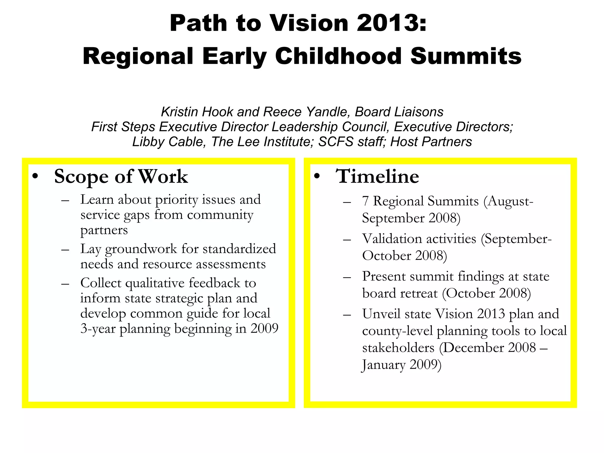 Path to Vision 2013:  Regional Early Childhood Summits Kristin Hook and Reece Yandle, Board Liaisons First Steps Executive Director Leadership Council, Executive Directors; Libby Cable, The Lee Institute; SCFS staff; Host Partners Timeline 7 Regional Summits (August-September 2008) Validation activities (September-October 2008)  Present summit findings at state board retreat (October 2008)  Unveil state Vision 2013 plan and county-level planning tools to local stakeholders (December 2008 – January 2009) Scope of Work Learn about priority issues and service gaps from community partners Lay groundwork for standardized needs and resource assessments Collect qualitative feedback to inform state strategic plan and develop common guide for local 3-year planning beginning in 2009 