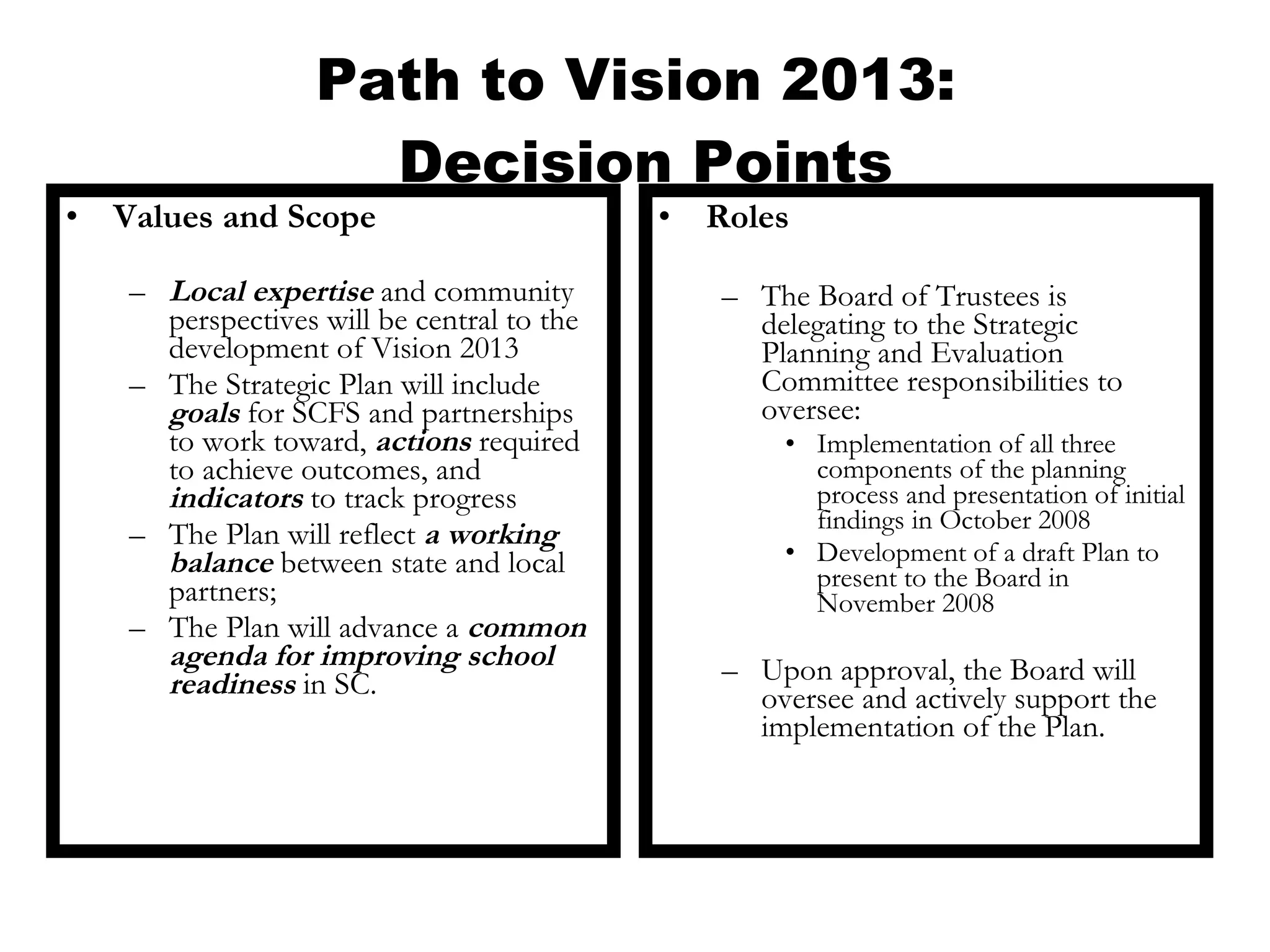 Path to Vision 2013:  Decision Points Roles The Board of Trustees is delegating to the Strategic Planning and Evaluation Committee responsibilities to oversee: Implementation of all three components of the planning process and presentation of initial findings in October 2008 Development of a draft Plan to present to the Board in November 2008 Upon approval, the Board will oversee and actively support the implementation of the Plan. Values and Scope Local expertise  and community perspectives will be central to the development of Vision 2013 The Strategic Plan will include  goals  for SCFS and partnerships to work toward,  actions  required to achieve outcomes, and  indicators  to track progress The Plan will reflect  a working balance  between state and local partners;  The Plan will advance a  common agenda for improving school readiness  in SC.  