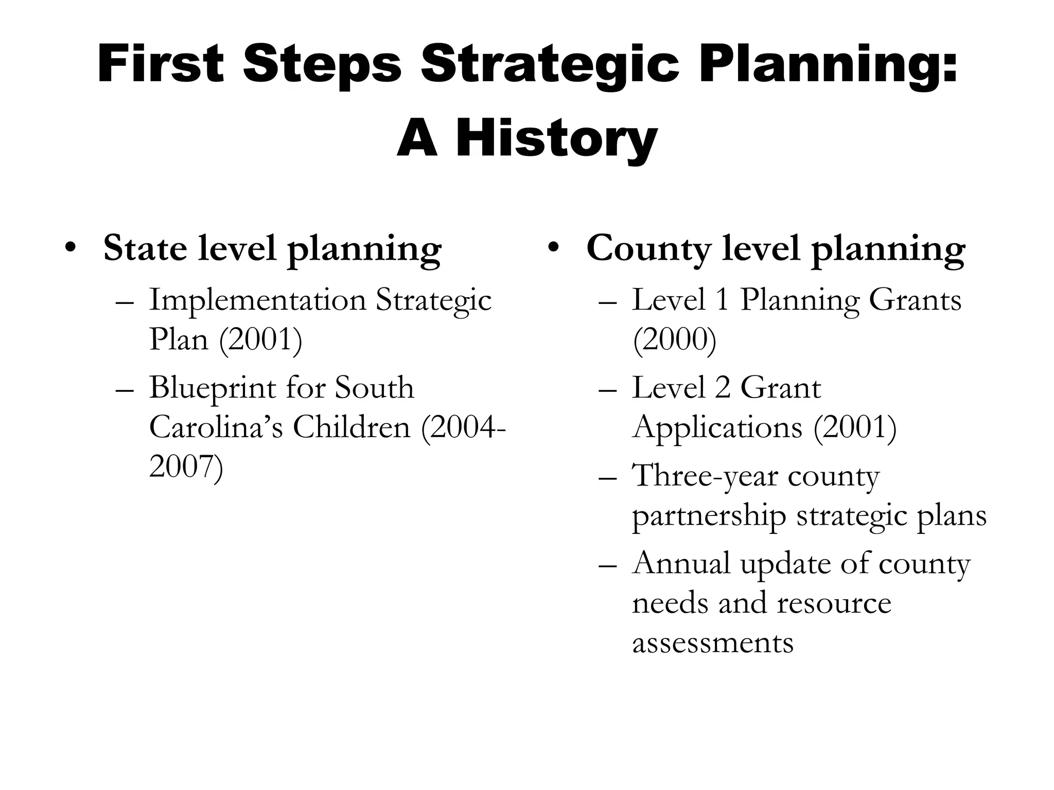 First Steps Strategic Planning: A History State level planning Implementation Strategic Plan (2001) Blueprint for South Carolina’s Children (2004-2007) County level planning Level 1 Planning Grants (2000) Level 2 Grant Applications (2001) Three-year county partnership strategic plans  Annual update of county needs and resource assessments 