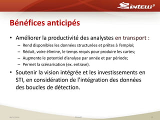 Bénéfices anticipés 
• Améliorer la productivité des analystes en transport : 
– Rend disponibles les données structurées et prêtes à l’emploi; 
– Réduit, voire élimine, le temps requis pour produire les cartes; 
– Augmente le potentiel d’analyse par année et par période; 
– Permet la scénarisation (ex. entrave). 
• Soutenir la vision intégrée et les investissements en 
STI, en considération de l’intégration des données 
des boucles de détection. 
06/11/2014 ©Intelli3 18 
 