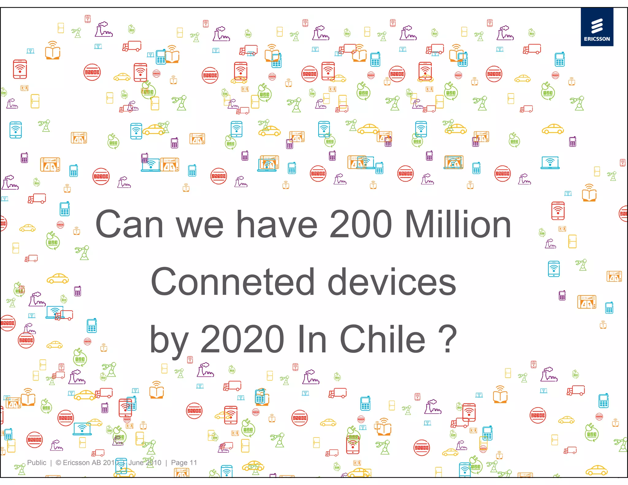 Can we have 200 Million
                     Conneted devices
                     by 2020 In Chile ?

Public | © Ericsson AB 2010 | June 2010 | Page 11
 
