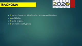  S surgery to correct lid deformities and prevent blindness
 A antibiotics
 F facial hygiene
 E environmental hygiene
TRACHOMA
 