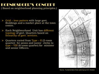 KOENIGSBGER’S  CONCEPT ( Based on neighborhood planning principles.) Grid – iron pattern  with large govt. Buildings and a market place at the town centre. Each Neighbourhood  Unit has  different  typology  of govt. Quarters based on  heirarchy of govt. services. Quarters varied from  Type – II  (2-room quarter)  for peons and junior  clerks to  type – VIII  (6-room quarter) for  minister and senior Officers. Source : Fundamentals of town planning by G.K. Hiraskar 