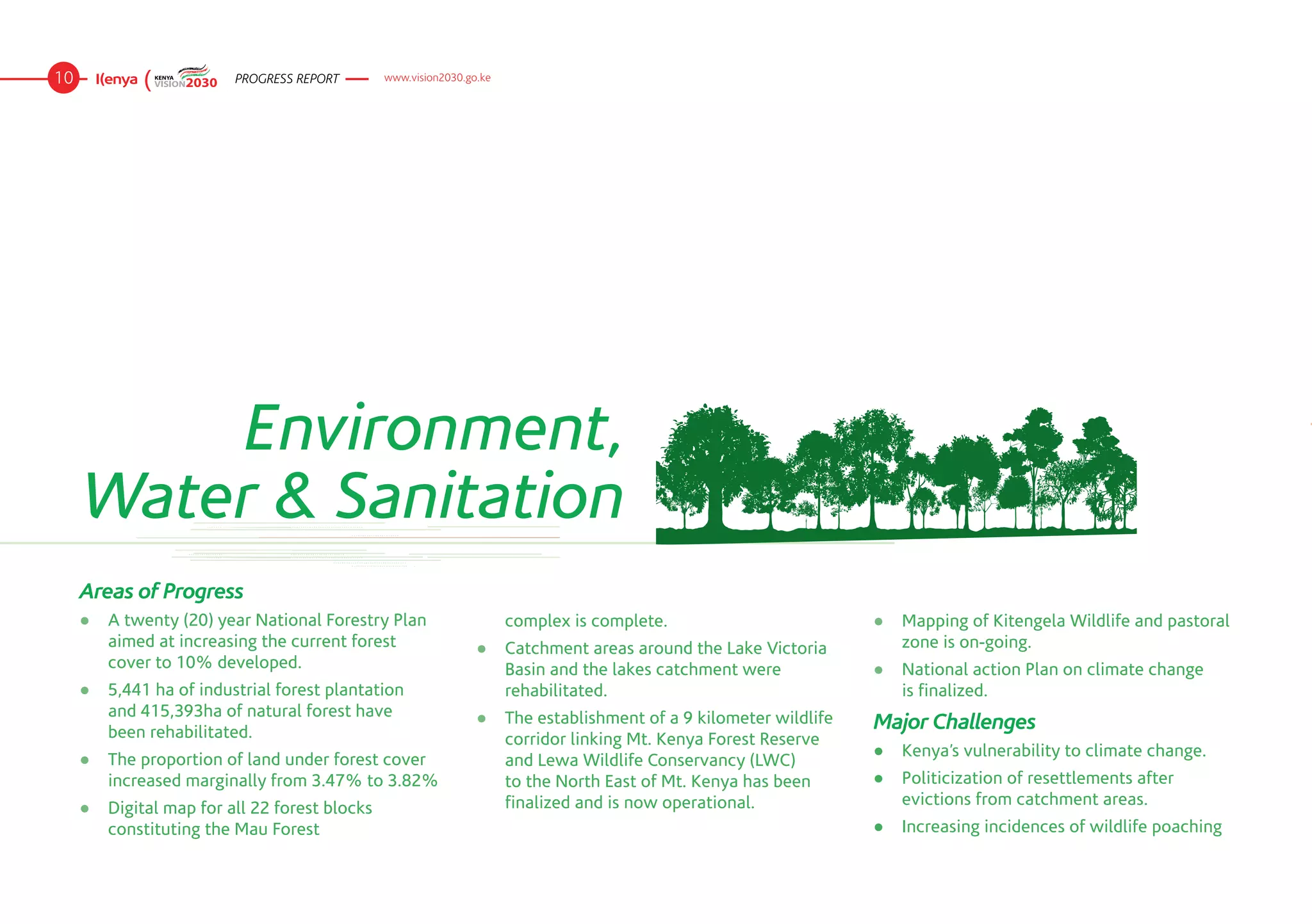 10                       PROGRESS REPORT       www.vision2030.go.ke




         Environment,
     Water & Sanitation
     Areas of Progress
     ●	 A twenty (20) year National Forestry Plan                     complex is complete.                       ●	 Mapping of Kitengela Wildlife and pastoral
        aimed at increasing the current forest                  ●	 Catchment areas around the Lake Victoria         zone is on-going.
        cover to 10% developed.                                    Basin and the lakes catchment were            ●	 National action Plan on climate change
     ●	 5,441 ha of industrial forest plantation                   rehabilitated.                                   is finalized.
        and 415,393ha of natural forest have                    ●	 The establishment of a 9 kilometer wildlife
        been rehabilitated.
                                                                                                                 Major Challenges
                                                                   corridor linking Mt. Kenya Forest Reserve
                                                                                                                 ●	 Kenya’s vulnerability to climate change.
     ●	 The proportion of land under forest cover                  and Lewa Wildlife Conservancy (LWC)
        increased marginally from 3.47% to 3.82%                   to the North East of Mt. Kenya has been       ●	 Politicization of resettlements after
                                                                   finalized and is now operational.                evictions from catchment areas.
     ●	 Digital map for all 22 forest blocks
        constituting the Mau Forest                                                                              ●	 Increasing incidences of wildlife poaching
 