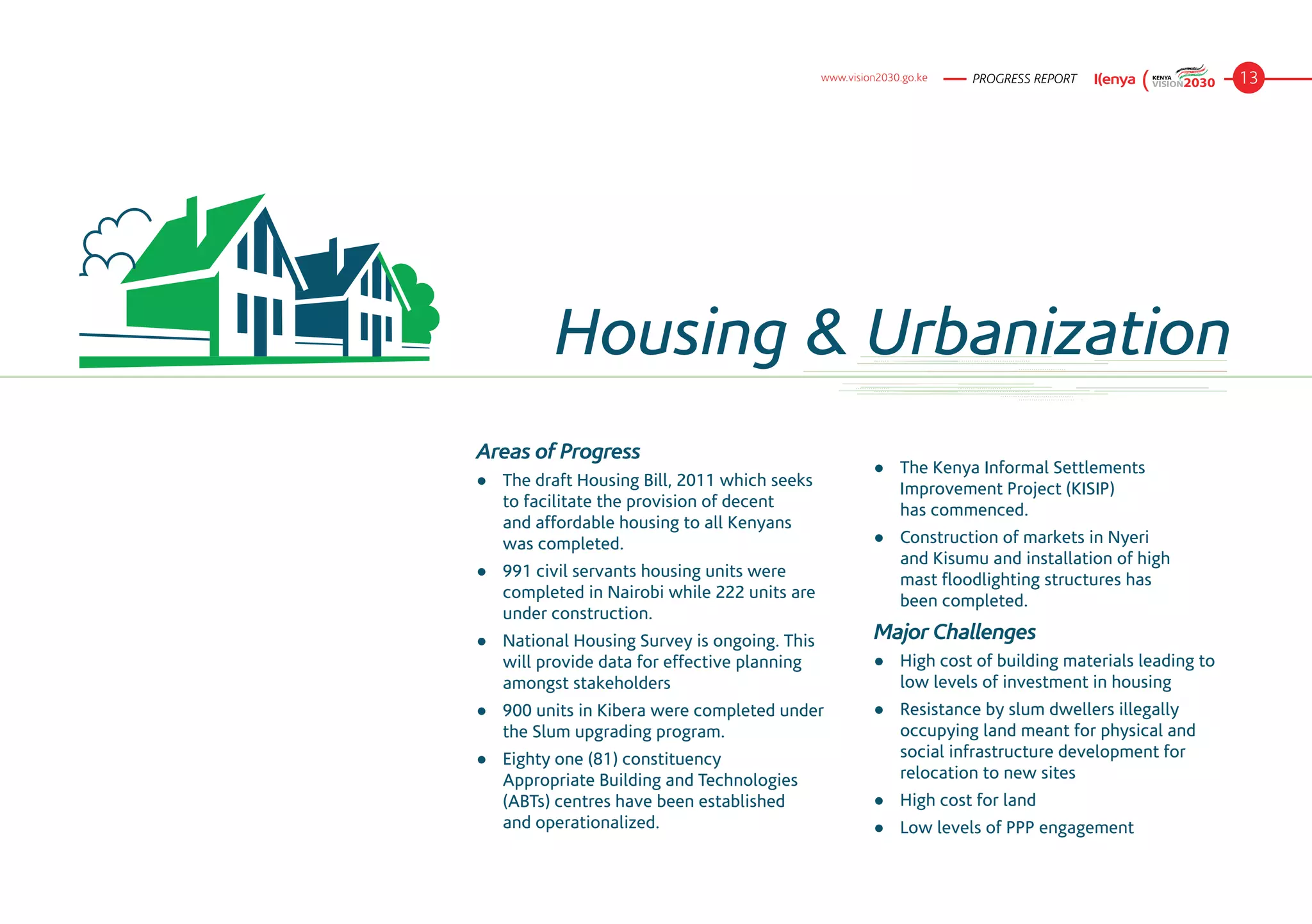 www.vision2030.go.ke   PROGRESS REPORT                   13




          Housing & Urbanization
Areas of Progress
                                                       ●	 The Kenya Informal Settlements
●	 The draft Housing Bill, 2011 which seeks               Improvement Project (KISIP)
   to facilitate the provision of decent                  has commenced.
   and affordable housing to all Kenyans
   was completed.                                      ●	 Construction of markets in Nyeri
                                                          and Kisumu and installation of high
●	 991 civil servants housing units were                  mast floodlighting structures has
   completed in Nairobi while 222 units are               been completed.
   under construction.
●	 National Housing Survey is ongoing. This            Major Challenges
   will provide data for effective planning            ●	 High cost of building materials leading to
   amongst stakeholders                                   low levels of investment in housing
●	 900 units in Kibera were completed under            ●	 Resistance by slum dwellers illegally
   the Slum upgrading program.                            occupying land meant for physical and
●	 Eighty one (81) constituency                           social infrastructure development for
   Appropriate Building and Technologies                  relocation to new sites
   (ABTs) centres have been established                ●	 High cost for land
   and operationalized.                                ●	 Low levels of PPP engagement
 