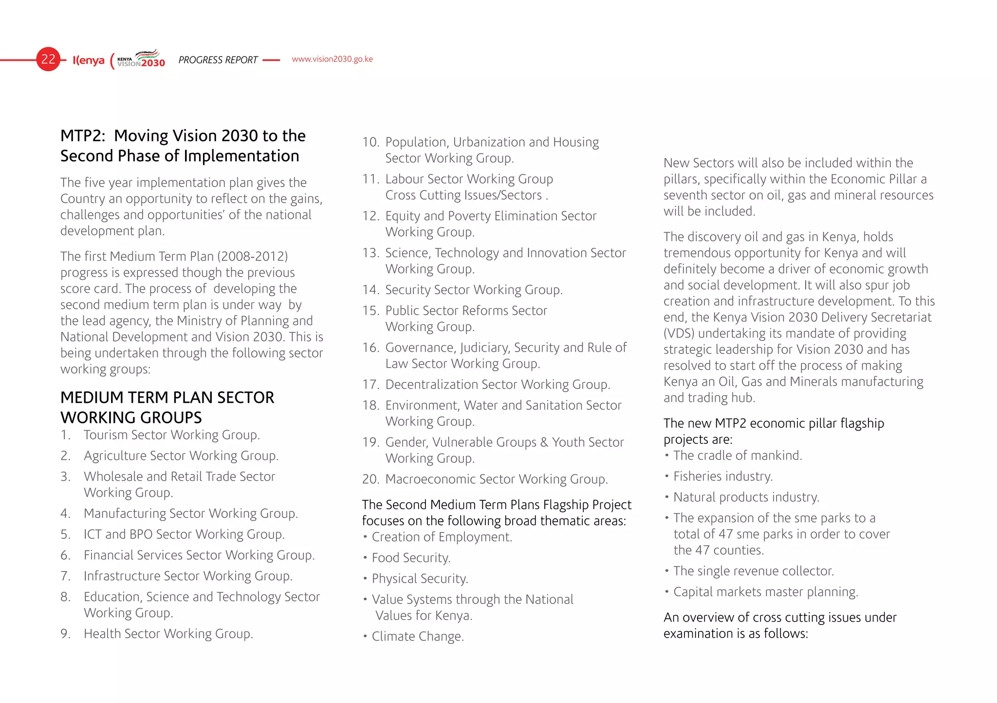 22                        PROGRESS REPORT      www.vision2030.go.ke




     MTP2: Moving Vision 2030 to the                            10.	 Population, Urbanization and Housing 	
     Second Phase of Implementation                             	    Sector Working Group.                           New Sectors will also be included within the
     The five year implementation plan gives the                11.	 Labour Sector Working Group	           	        pillars, specifically within the Economic Pillar a
     Country an opportunity to reflect on the gains,            	    Cross Cutting Issues/Sectors .                  seventh sector on oil, gas and mineral resources
     challenges and opportunities’ of the national              12.	 Equity and Poverty Elimination Sector 		        will be included.
     development plan.                                          	    Working Group.                                  The discovery oil and gas in Kenya, holds
     The first Medium Term Plan (2008-2012)                     13.	 Science, Technology and Innovation Sector 	     tremendous opportunity for Kenya and will
     progress is expressed though the previous                  	    Working Group.                                  definitely become a driver of economic growth
     score card. The process of  developing the                 14.	 Security Sector Working Group.                  and social development. It will also spur job
     second medium term plan is under way  by                                                                        creation and infrastructure development. To this
                                                                15.	 Public Sector Reforms Sector 	         	        end, the Kenya Vision 2030 Delivery Secretariat
     the lead agency, the Ministry of Planning and              	    Working Group.
     National Development and Vision 2030. This is                                                                   (VDS) undertaking its mandate of providing
     being undertaken through the following sector              16.	 Governance, Judiciary, Security and Rule of 	   strategic leadership for Vision 2030 and has
     working groups:                                            	    Law Sector Working Group.                       resolved to start off the process of making
                                                                17.	 Decentralization Sector Working Group.          Kenya an Oil, Gas and Minerals manufacturing
     MEDIUM TERM PLAN SECTOR                                    18.	 Environment, Water and Sanitation Sector 	
                                                                                                                     and trading hub.
     WORKING GROUPS                                             	    Working Group.                                  The new MTP2 economic pillar flagship 	
     1.	 Tourism Sector Working Group.                                                                               projects are:
                                                                19.	 Gender, Vulnerable Groups & Youth Sector 	
     2.	 Agriculture Sector Working Group.                      	    Working Group.                                  • The cradle of mankind.
     3.	 Wholesale and Retail Trade Sector 	     	              20.	 Macroeconomic Sector Working Group.             • Fisheries industry.
     	   Working Group.                                                                                              • Natural products industry.
                                                                The Second Medium Term Plans Flagship Project  
     4.	 Manufacturing Sector Working Group.                                                                         • The expansion of the sme parks to a 	      	
                                                                focuses on the following broad thematic areas:
     5.	 ICT and BPO Sector Working Group.                      • Creation of Employment.                               total of 47 sme parks in order to cover 	 	
     6.	 Financial Services Sector Working Group.                                                                       the 47 counties.
                                                                • Food Security.
     7.	 Infrastructure Sector Working Group.                                                                        • The single revenue collector.
                                                                • Physical Security.
     8.	 Education, Science and Technology Sector 	                                                                  • Capital markets master planning.
                                                                • Value Systems through the National 	      	
     	   Working Group.                                             Values for Kenya.                                An overview of cross cutting issues under
     9.	 Health Sector Working Group.                           • Climate Change.                                    examination is as follows:
 