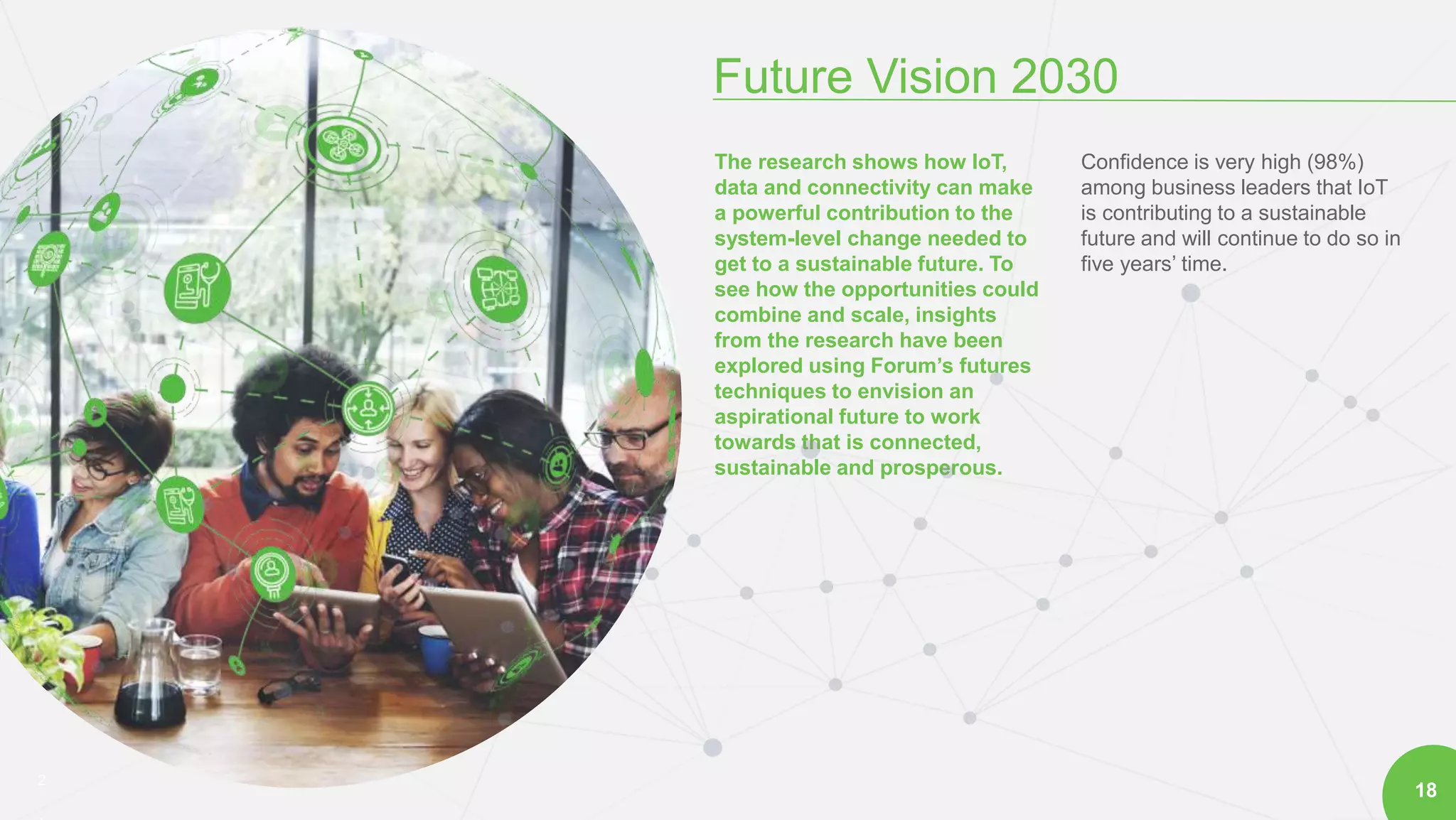 2
Future Vision 2030
18
The research shows how IoT,
data and connectivity can make
a powerful contribution to the
system-level change needed to
get to a sustainable future. To
see how the opportunities could
combine and scale, insights
from the research have been
explored using Forum’s futures
techniques to envision an
aspirational future to work
towards that is connected,
sustainable and prosperous.
Confidence is very high (98%)
among business leaders that IoT
is contributing to a sustainable
future and will continue to do so in
five years’ time.
 