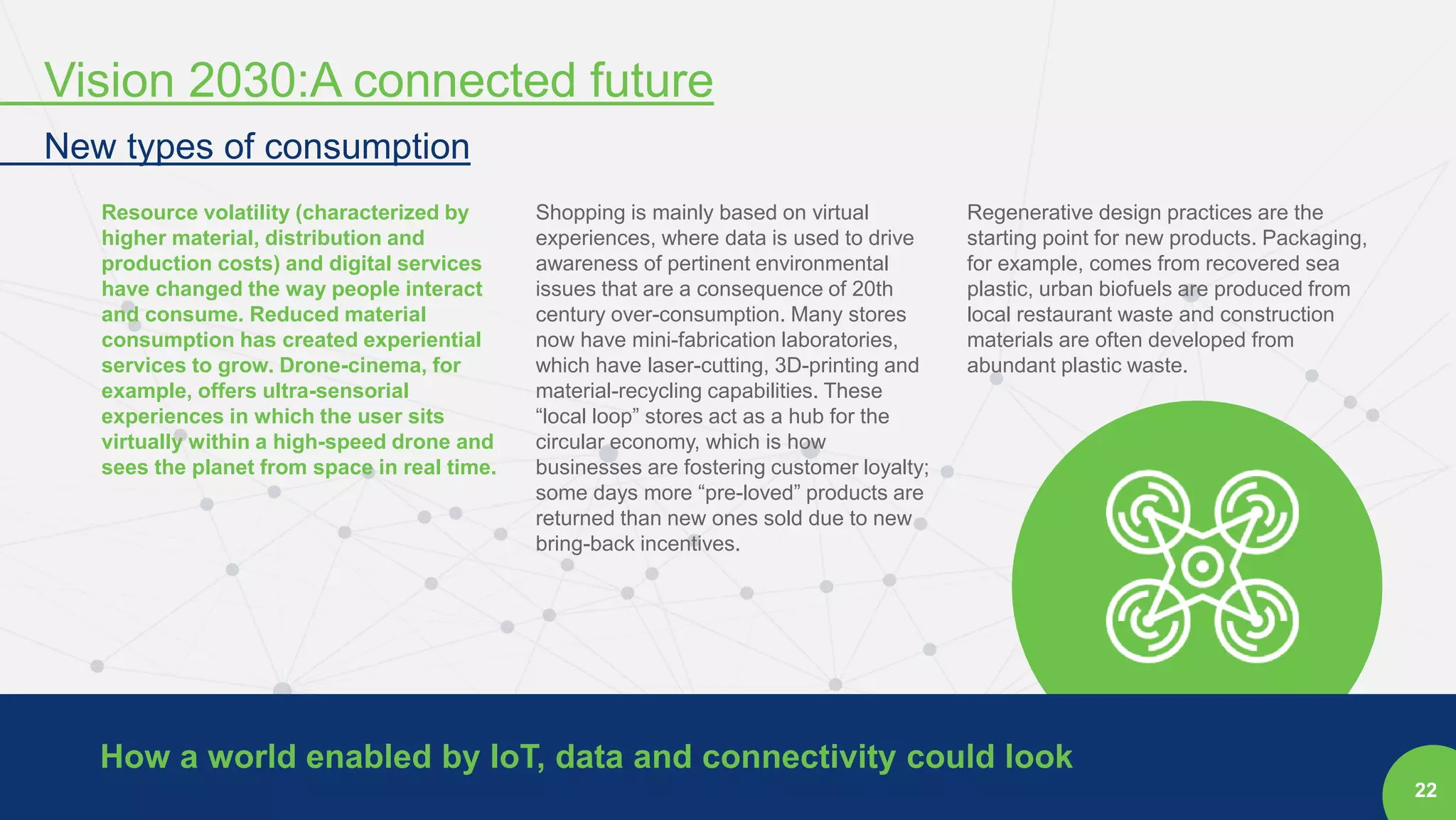 22
Resource volatility (characterized by
higher material, distribution and
production costs) and digital services
have changed the way people interact
and consume. Reduced material
consumption has created experiential
services to grow. Drone-cinema, for
example, offers ultra-sensorial
experiences in which the user sits
virtually within a high-speed drone and
sees the planet from space in real time.
Shopping is mainly based on virtual
experiences, where data is used to drive
awareness of pertinent environmental
issues that are a consequence of 20th
century over-consumption. Many stores
now have mini-fabrication laboratories,
which have laser-cutting, 3D-printing and
material-recycling capabilities. These
“local loop” stores act as a hub for the
circular economy, which is how
businesses are fostering customer loyalty;
some days more “pre-loved” products are
returned than new ones sold due to new
bring-back incentives.
Regenerative design practices are the
starting point for new products. Packaging,
for example, comes from recovered sea
plastic, urban biofuels are produced from
local restaurant waste and construction
materials are often developed from
abundant plastic waste.
How a world enabled by IoT, data and connectivity could look
Vision 2030:A connected future
New types of consumption
 