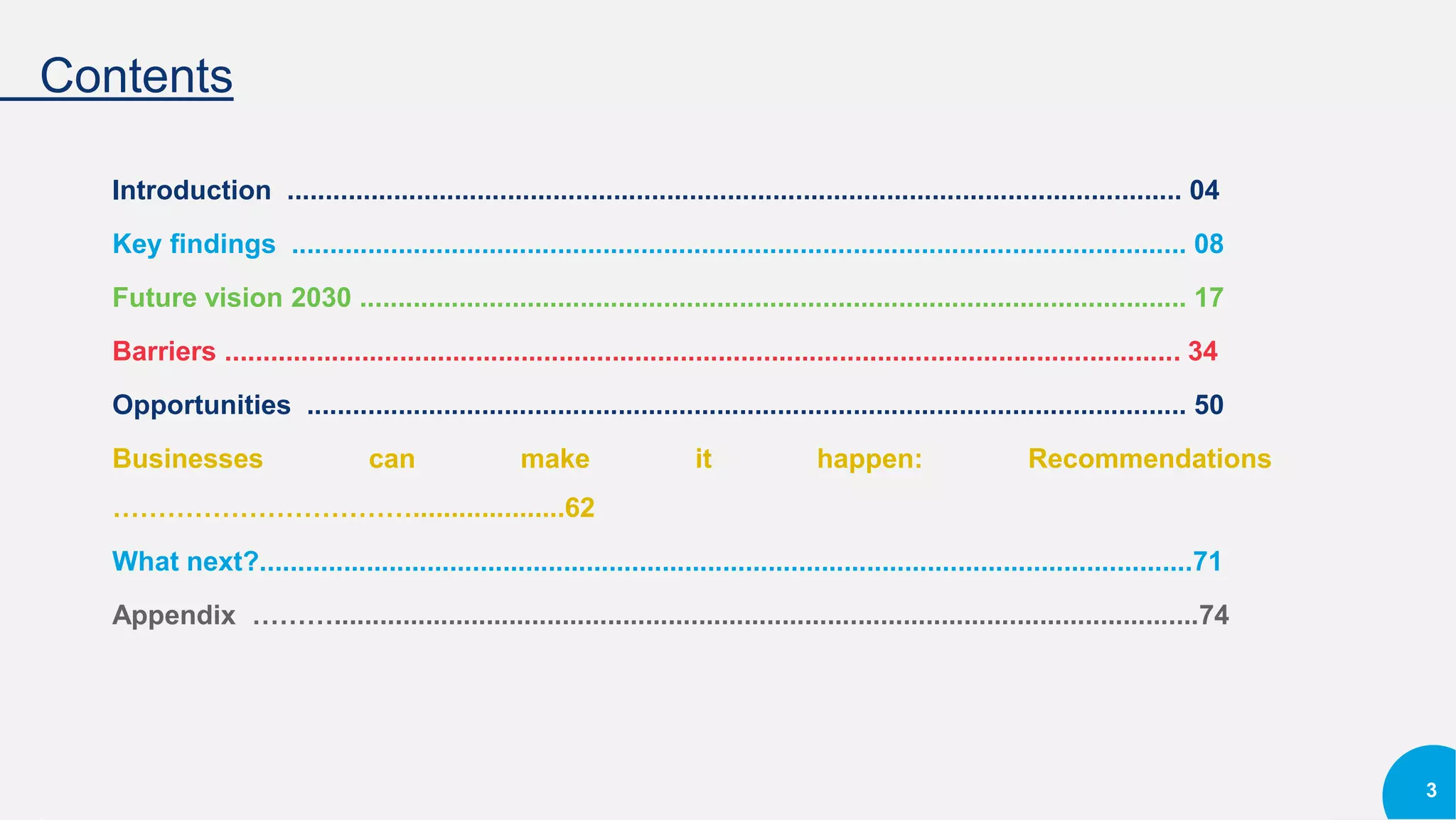 Contents
Introduction ...................................................................................................................... 04
Key findings ...................................................................................................................... 08
Future vision 2030 ............................................................................................................. 17
Barriers .............................................................................................................................. 34
Opportunities .................................................................................................................... 50
Businesses can make it happen: Recommendations
……………………………....................62
What next?...........................................................................................................................71
Appendix ………..................................................................................................................74
3
 