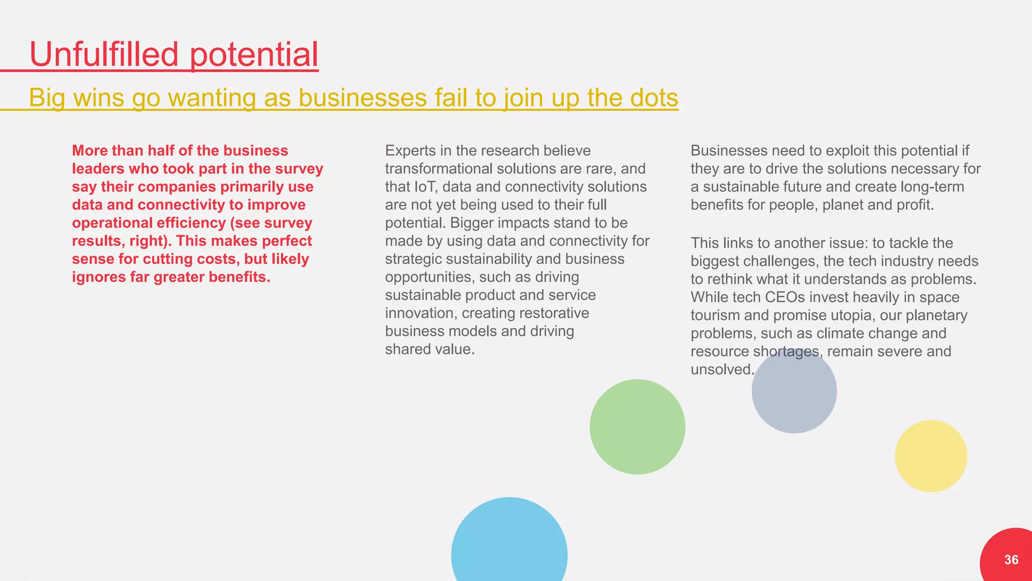 Unfulfilled potential
Big wins go wanting as businesses fail to join up the dots
36
More than half of the business
leaders who took part in the survey
say their companies primarily use
data and connectivity to improve
operational efficiency (see survey
results, right). This makes perfect
sense for cutting costs, but likely
ignores far greater benefits.
Experts in the research believe
transformational solutions are rare, and
that IoT, data and connectivity solutions
are not yet being used to their full
potential. Bigger impacts stand to be
made by using data and connectivity for
strategic sustainability and business
opportunities, such as driving
sustainable product and service
innovation, creating restorative
business models and driving
shared value.
Businesses need to exploit this potential if
they are to drive the solutions necessary for
a sustainable future and create long-term
benefits for people, planet and profit.
This links to another issue: to tackle the
biggest challenges, the tech industry needs
to rethink what it understands as problems.
While tech CEOs invest heavily in space
tourism and promise utopia, our planetary
problems, such as climate change and
resource shortages, remain severe and
unsolved.
 