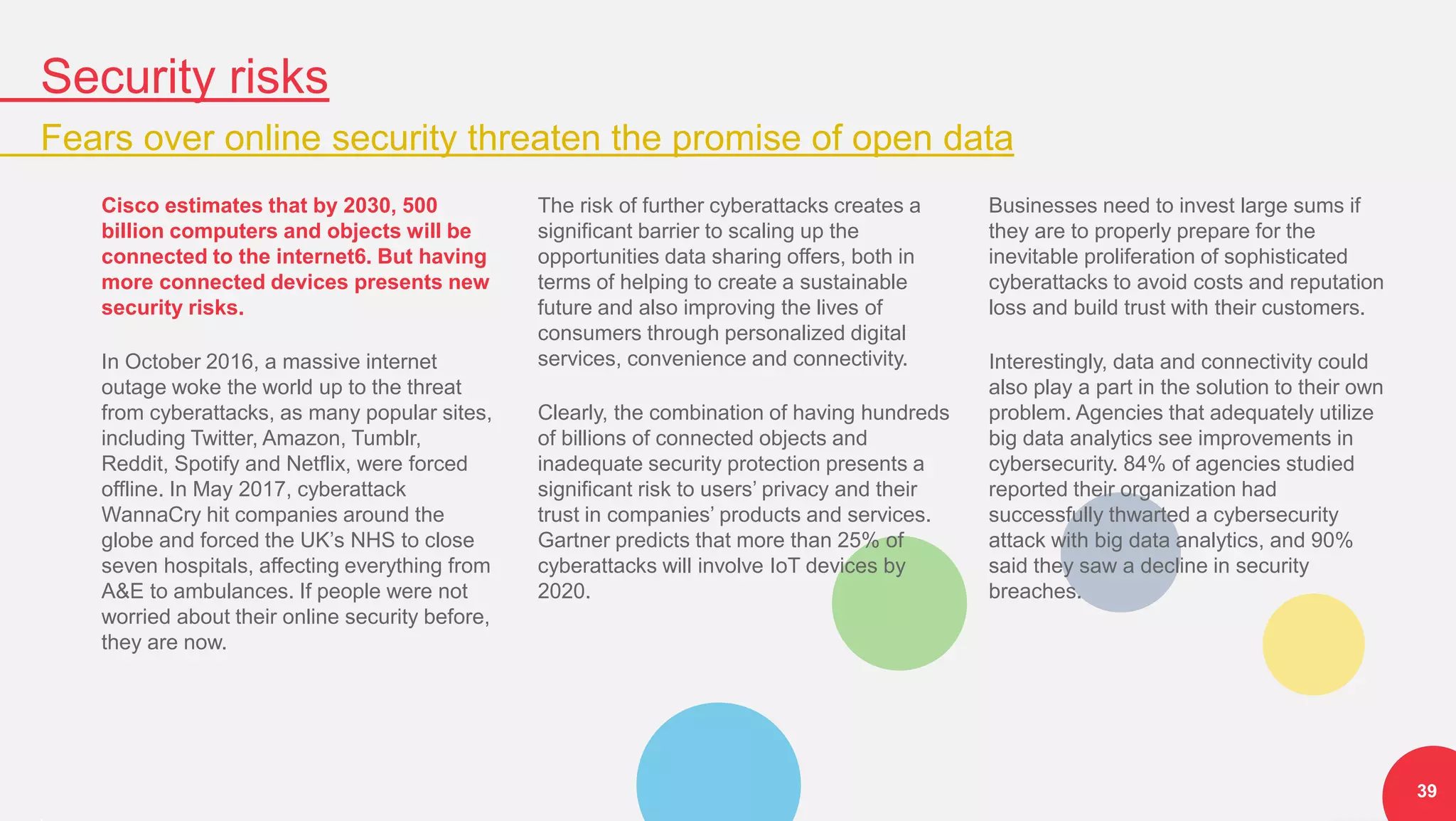 Security risks
Fears over online security threaten the promise of open data
39
Cisco estimates that by 2030, 500
billion computers and objects will be
connected to the internet6. But having
more connected devices presents new
security risks.
In October 2016, a massive internet
outage woke the world up to the threat
from cyberattacks, as many popular sites,
including Twitter, Amazon, Tumblr,
Reddit, Spotify and Netflix, were forced
offline. In May 2017, cyberattack
WannaCry hit companies around the
globe and forced the UK’s NHS to close
seven hospitals, affecting everything from
A&E to ambulances. If people were not
worried about their online security before,
they are now.
The risk of further cyberattacks creates a
significant barrier to scaling up the
opportunities data sharing offers, both in
terms of helping to create a sustainable
future and also improving the lives of
consumers through personalized digital
services, convenience and connectivity.
Clearly, the combination of having hundreds
of billions of connected objects and
inadequate security protection presents a
significant risk to users’ privacy and their
trust in companies’ products and services.
Gartner predicts that more than 25% of
cyberattacks will involve IoT devices by
2020.
Businesses need to invest large sums if
they are to properly prepare for the
inevitable proliferation of sophisticated
cyberattacks to avoid costs and reputation
loss and build trust with their customers.
Interestingly, data and connectivity could
also play a part in the solution to their own
problem. Agencies that adequately utilize
big data analytics see improvements in
cybersecurity. 84% of agencies studied
reported their organization had
successfully thwarted a cybersecurity
attack with big data analytics, and 90%
said they saw a decline in security
breaches.
 