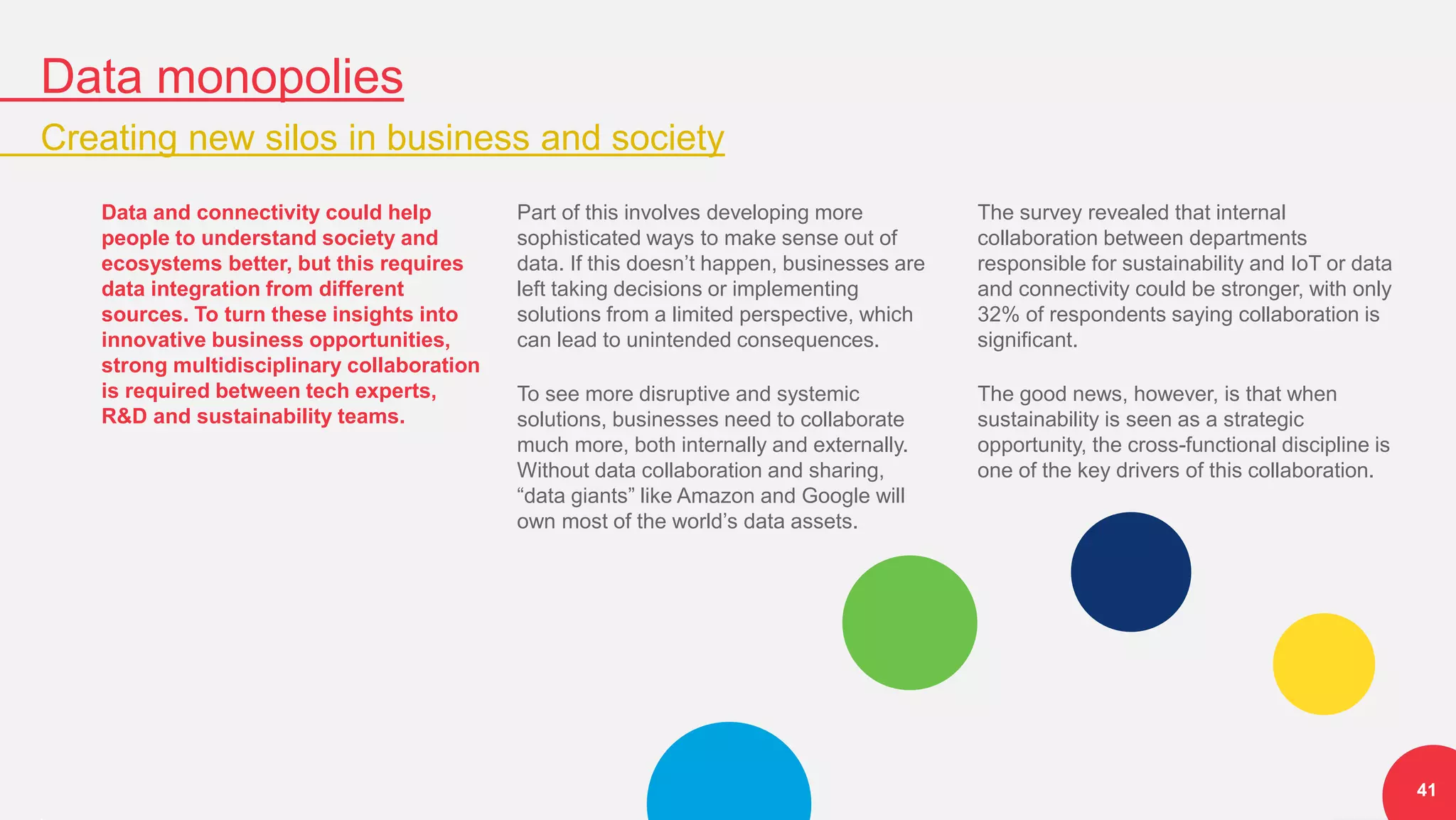 Data monopolies
Creating new silos in business and society
41
Data and connectivity could help
people to understand society and
ecosystems better, but this requires
data integration from different
sources. To turn these insights into
innovative business opportunities,
strong multidisciplinary collaboration
is required between tech experts,
R&D and sustainability teams.
Part of this involves developing more
sophisticated ways to make sense out of
data. If this doesn’t happen, businesses are
left taking decisions or implementing
solutions from a limited perspective, which
can lead to unintended consequences.
To see more disruptive and systemic
solutions, businesses need to collaborate
much more, both internally and externally.
Without data collaboration and sharing,
“data giants” like Amazon and Google will
own most of the world’s data assets.
The survey revealed that internal
collaboration between departments
responsible for sustainability and IoT or data
and connectivity could be stronger, with only
32% of respondents saying collaboration is
significant.
The good news, however, is that when
sustainability is seen as a strategic
opportunity, the cross-functional discipline is
one of the key drivers of this collaboration.
 
