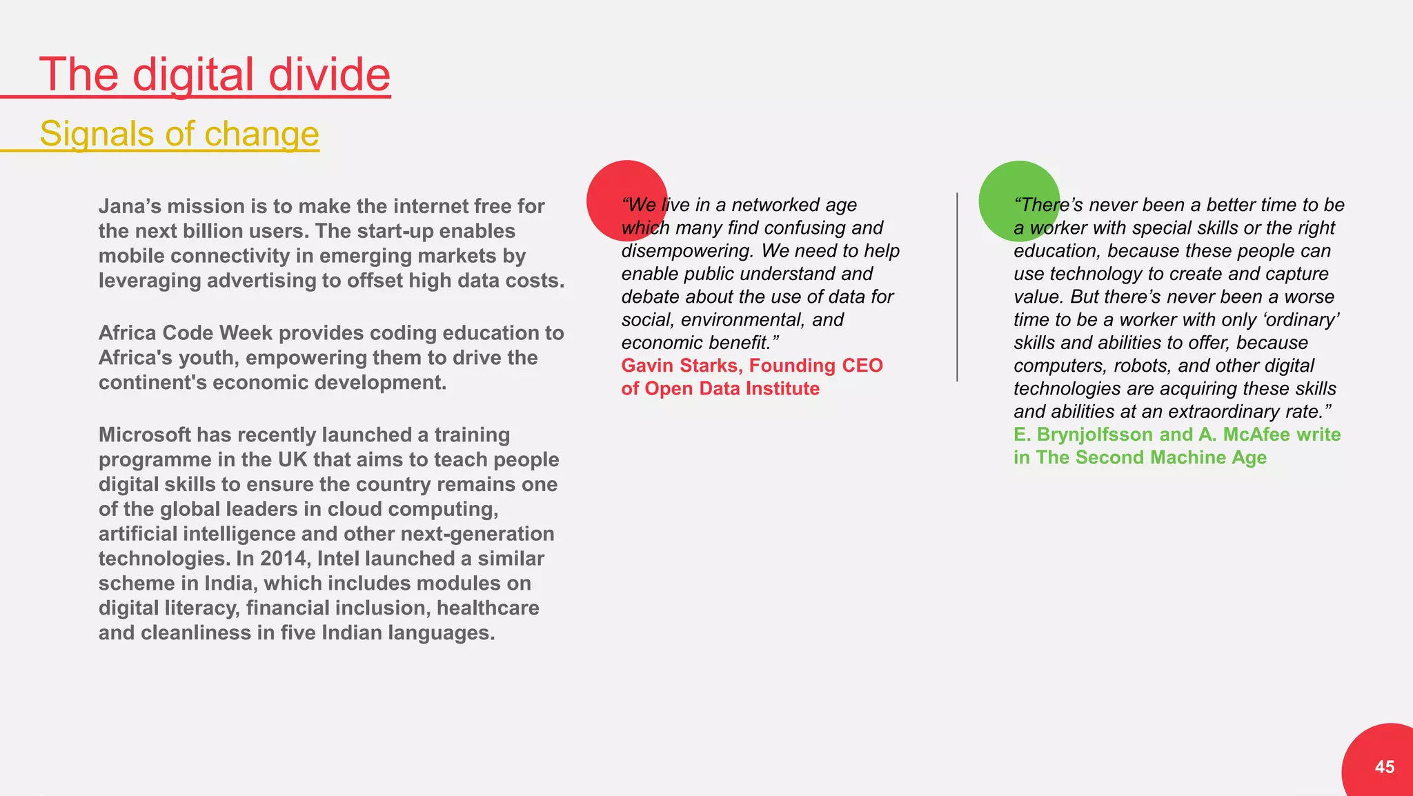 The digital divide
Signals of change
45
Jana’s mission is to make the internet free for
the next billion users. The start-up enables
mobile connectivity in emerging markets by
leveraging advertising to offset high data costs.
Africa Code Week provides coding education to
Africa's youth, empowering them to drive the
continent's economic development.
Microsoft has recently launched a training
programme in the UK that aims to teach people
digital skills to ensure the country remains one
of the global leaders in cloud computing,
artificial intelligence and other next-generation
technologies. In 2014, Intel launched a similar
scheme in India, which includes modules on
digital literacy, financial inclusion, healthcare
and cleanliness in five Indian languages.
“There’s never been a better time to be
a worker with special skills or the right
education, because these people can
use technology to create and capture
value. But there’s never been a worse
time to be a worker with only ‘ordinary’
skills and abilities to offer, because
computers, robots, and other digital
technologies are acquiring these skills
and abilities at an extraordinary rate.”
E. Brynjolfsson and A. McAfee write
in The Second Machine Age
“We live in a networked age
which many find confusing and
disempowering. We need to help
enable public understand and
debate about the use of data for
social, environmental, and
economic benefit.”
Gavin Starks, Founding CEO
of Open Data Institute
 