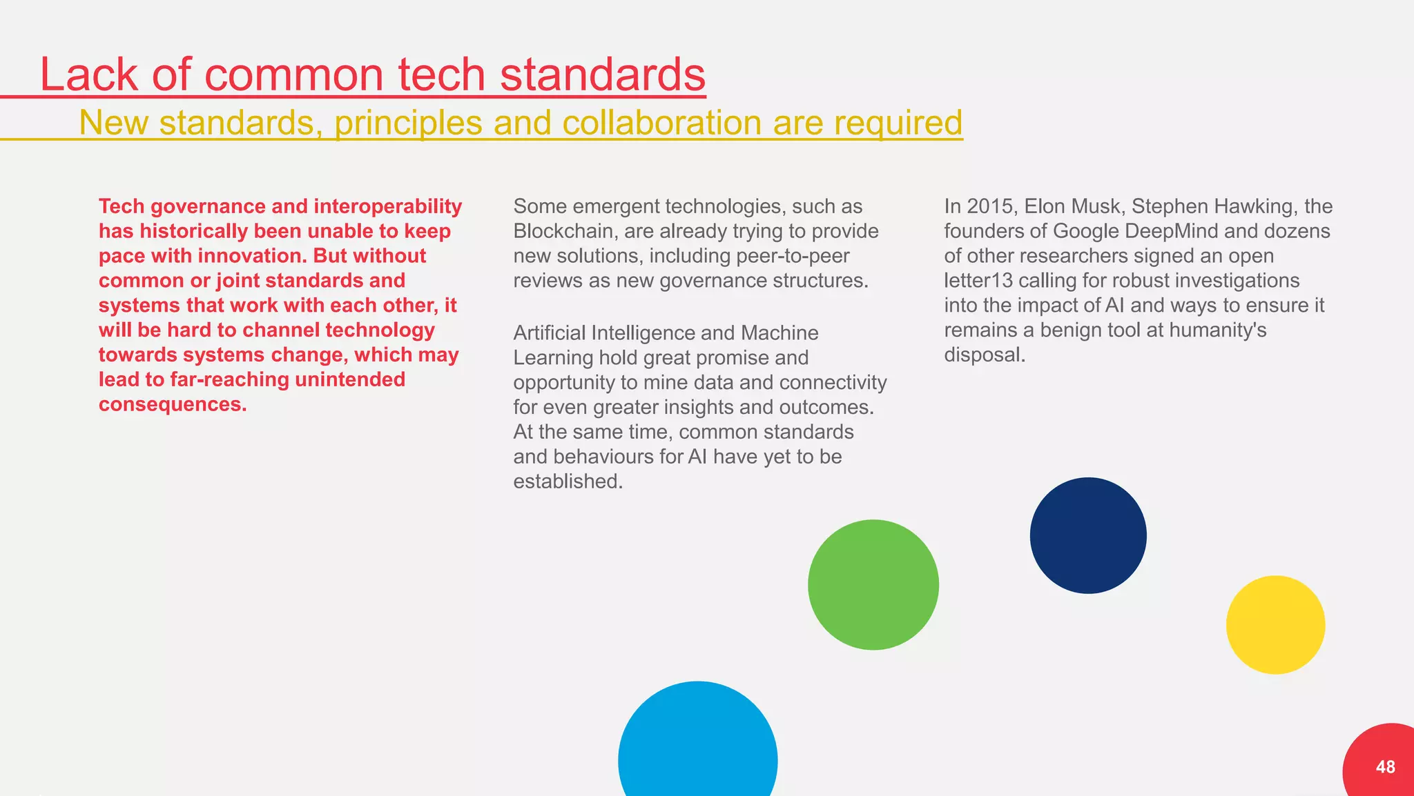 Lack of common tech standards
New standards, principles and collaboration are required
48
Tech governance and interoperability
has historically been unable to keep
pace with innovation. But without
common or joint standards and
systems that work with each other, it
will be hard to channel technology
towards systems change, which may
lead to far-reaching unintended
consequences.
Some emergent technologies, such as
Blockchain, are already trying to provide
new solutions, including peer-to-peer
reviews as new governance structures.
Artificial Intelligence and Machine
Learning hold great promise and
opportunity to mine data and connectivity
for even greater insights and outcomes.
At the same time, common standards
and behaviours for AI have yet to be
established.
In 2015, Elon Musk, Stephen Hawking, the
founders of Google DeepMind and dozens
of other researchers signed an open
letter13 calling for robust investigations
into the impact of AI and ways to ensure it
remains a benign tool at humanity's
disposal.
 