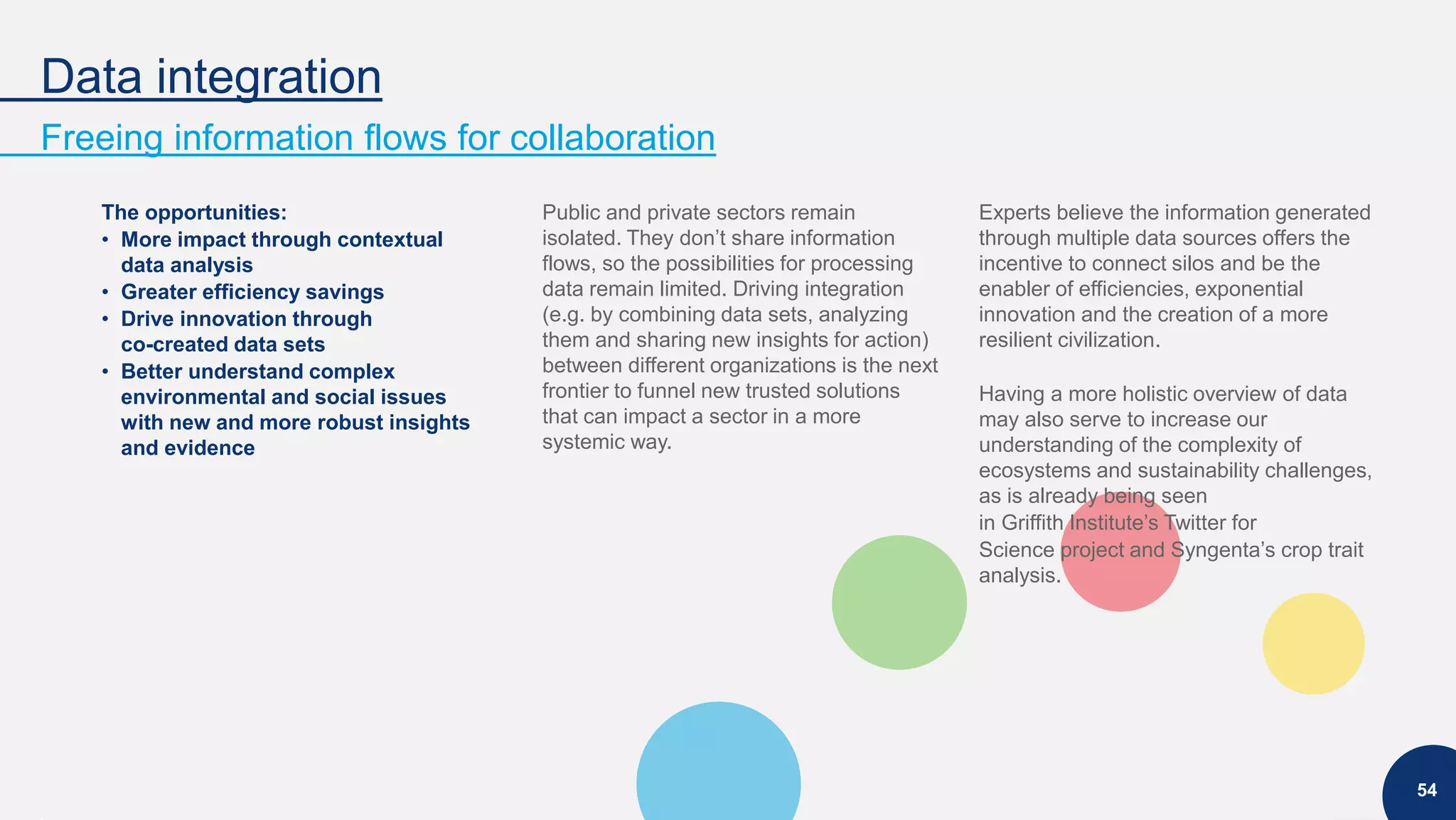 Data integration
Freeing information flows for collaboration
54
The opportunities:
• More impact through contextual
data analysis
• Greater efficiency savings
• Drive innovation through
co-created data sets
• Better understand complex
environmental and social issues
with new and more robust insights
and evidence
Public and private sectors remain
isolated. They don’t share information
flows, so the possibilities for processing
data remain limited. Driving integration
(e.g. by combining data sets, analyzing
them and sharing new insights for action)
between different organizations is the next
frontier to funnel new trusted solutions
that can impact a sector in a more
systemic way.
Experts believe the information generated
through multiple data sources offers the
incentive to connect silos and be the
enabler of efficiencies, exponential
innovation and the creation of a more
resilient civilization.
Having a more holistic overview of data
may also serve to increase our
understanding of the complexity of
ecosystems and sustainability challenges,
as is already being seen
in Griffith Institute’s Twitter for
Science project and Syngenta’s crop trait
analysis.
 